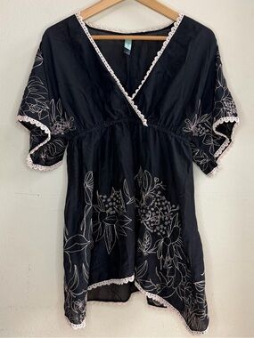 Jaloux Women’s Small Black Embroidered Cotton Silk Boho Tunic Blouse Lace Trim